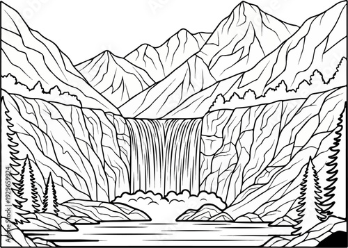 Majestic mountain waterfall cascades into a serene pool surrounded by rugged terrain