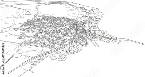 Detailed aerial sketch of a dense city with a harbor and surrounding natural landscape