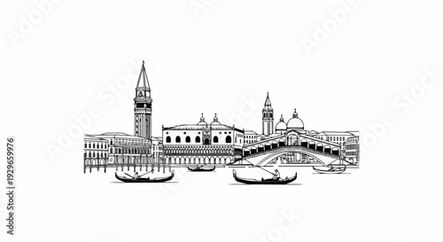 Black and white sketch of Venice skyline with gondolas and iconic bridge