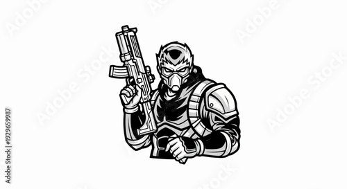 A black and white illustration of a masked warrior holding a rifle
