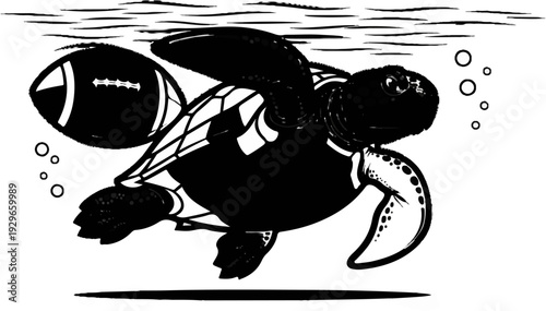 A cartoon turtle swims underwater with a football, bubbles rise around it