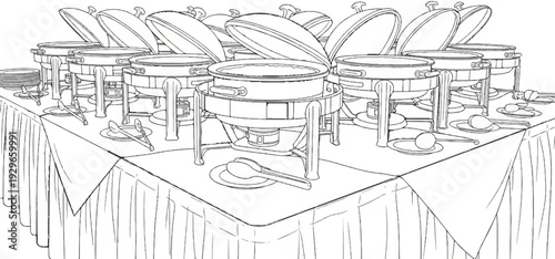 An assortment of chafing dishes with lids ajar, serving spoons, and plates on a draped table