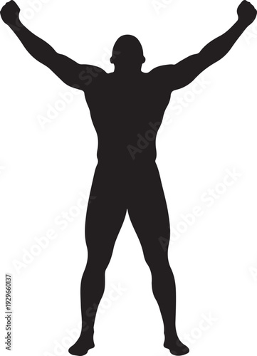 Confident man celebrating success with raised arms in triumphant stance
