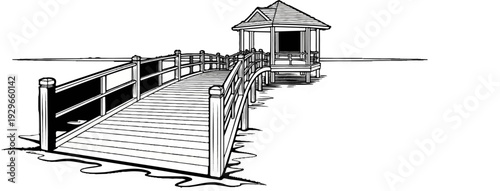 Arching wooden bridge leads to a gazebo over calm water