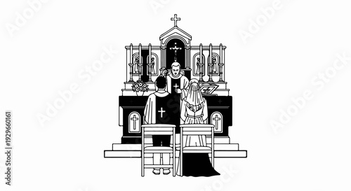 Religious ceremony at altar with officiant blessing couple kneeling on chairs