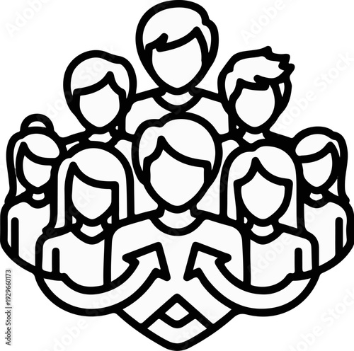 Diverse group of people in a cluster with upward pointing arrows
