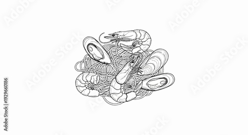 A black and white illustration of seafood pasta with shrimp and mussels over spaghetti