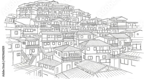 A densely packed hillside neighborhood with layered homes and walkways