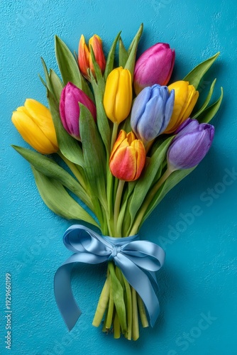 A bouquet of tulips with a blue ribbon tied around it