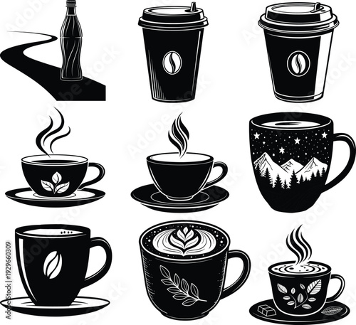Black and white collection of coffee cups and a soda bottle hot drink beverage caffeine morning