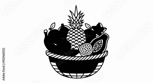 A stylized black and white illustration of a woven basket overflowing with tropical fruits