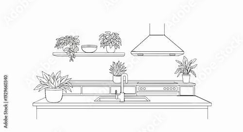 A line drawing of a kitchen counter with a sink, stovetop, and plants