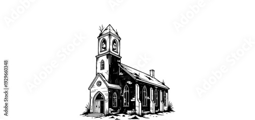 Dilapidated church building with a tall bell tower and arched windows