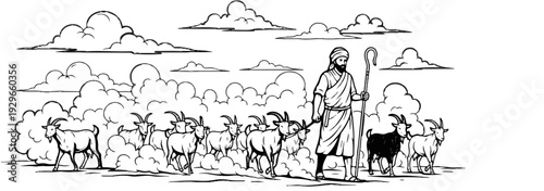 A shepherd guides a flock of goats under a sky filled with fluffy clouds