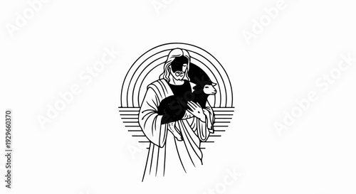 Religious depiction of a figure holding a lamb with a rainbow and abstract lines behind