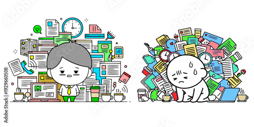 Stressful Office Work and Busy Lifestyle Cartoon Vector, work pressure, stress, overwhelmed, busy life, task overload, office stress, deadline