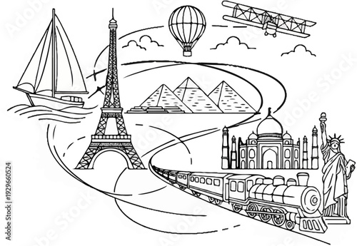 Iconic global landmarks and transportation modes depicted in a stylized travel collage