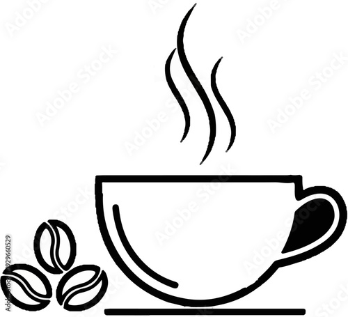 A stylized, minimalist black and white illustration of a steaming cup of coffee with three coffee beans