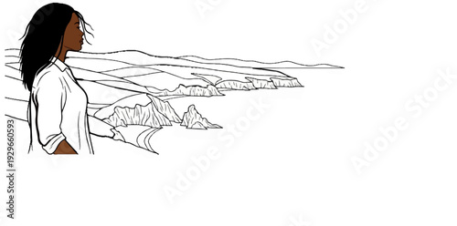 Woman contemplating a dramatic coastal cliffside landscape