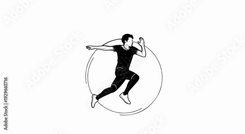 Sketch of a person in athletic wear running inside a circular frame
