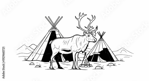 Majestic reindeer stands by a campfire near traditional tents