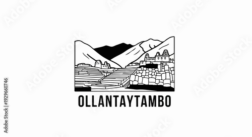 A black and white sketch shows ancient stone ruins and terraces against a mountainous backdrop