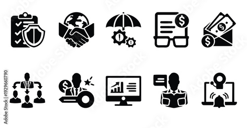 Business icons pack featuring global partnership risk management and communication