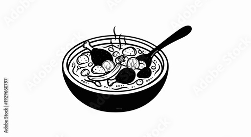 A steaming bowl of hearty stew with chicken and vegetables, served with a spoon