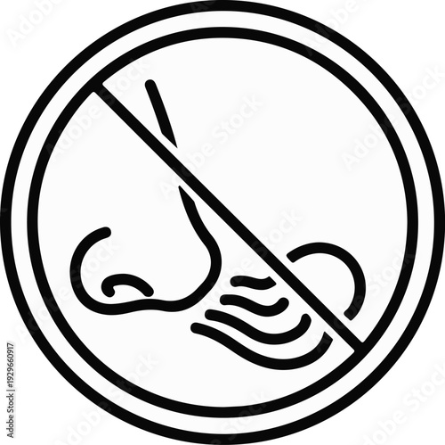 Prohibition symbol with a nose and emanating waves, indicating no smell