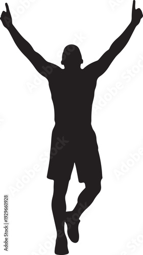 Silhouette of a triumphant athlete with arms raised and fingers pointing up, celebrating victory or achievement.