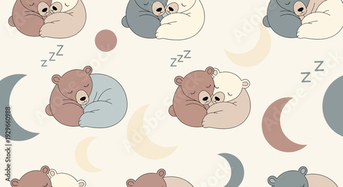 Cute Sleeping Bears Seamless Pattern with Moon and Zzz icons