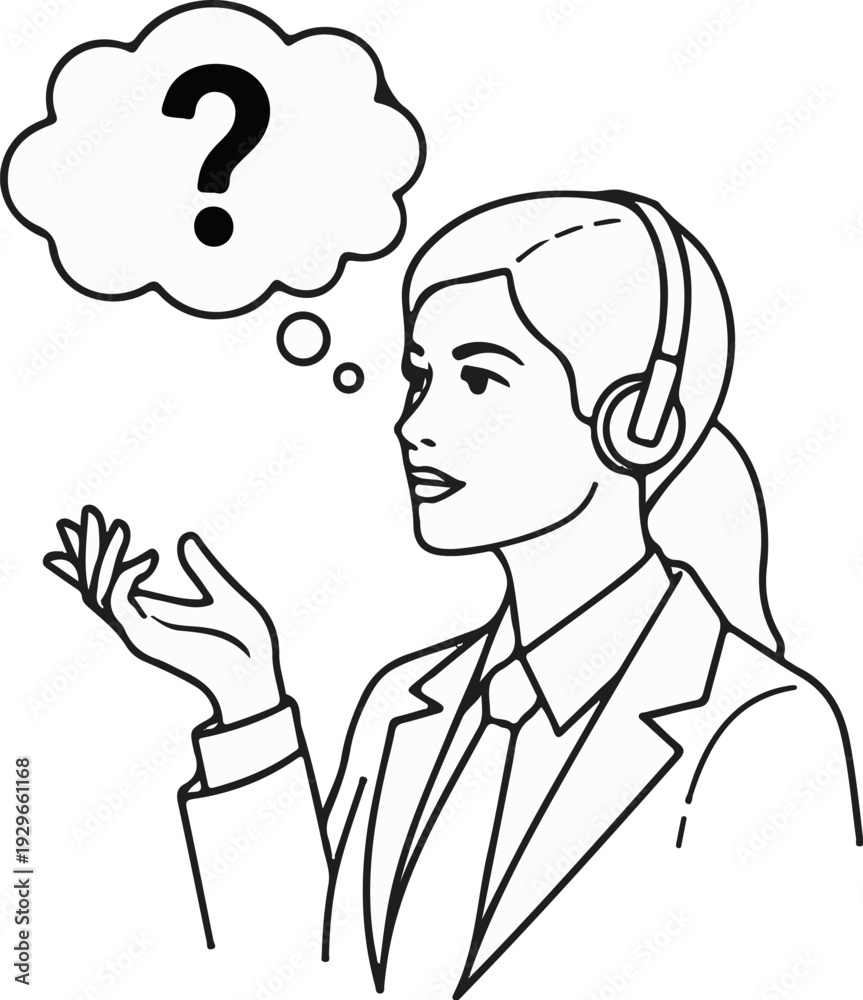 Fototapeta premium Woman in suit with headphones and thought bubble with question mark