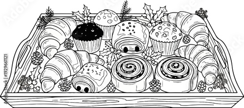 A decorative wooden tray overflowing with baked goods and festive holiday accents