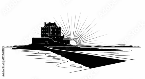 Majestic castle silhouette against a radiating sunrise over the ocean