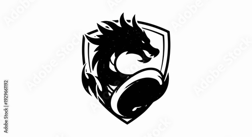 Black dragon emblem with sharp teeth and scales on a shield