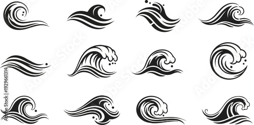 Collection of stylized black and white wave illustrations