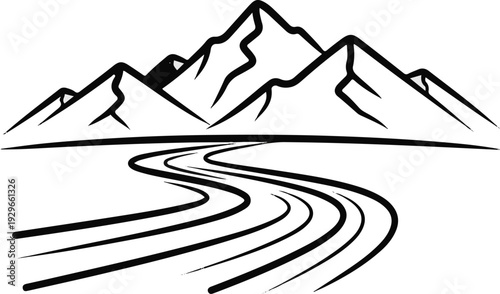 Stylized black and white depiction of jagged mountain peaks above a winding river