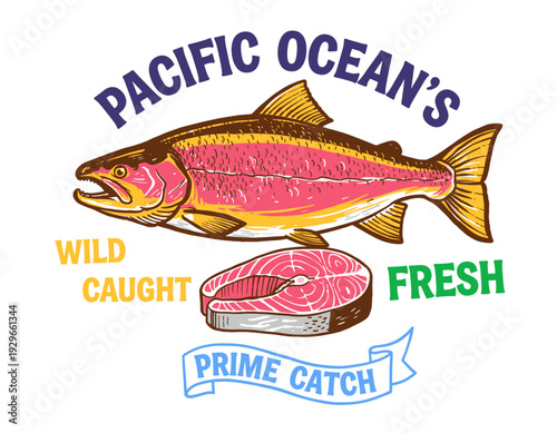 Pacific Ocean salmon design. Wild caught fresh prime catch. Salmon fish vintage artwork. Seafood market logo print. Ocean fish artwork for apparel.