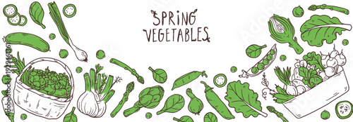 Hand drawn spring vegetables and baskets of vegetables doodle set. Simple line sketch vector illustration with fresh organic farm produce for menu, labels, packaging and healthy lifestyle projects.