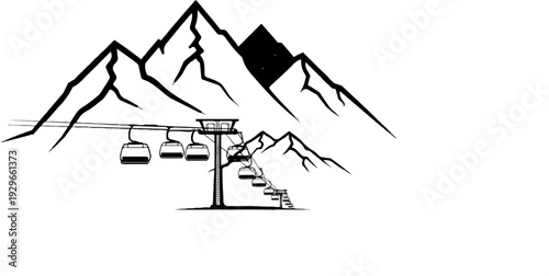 Black and white sketch of mountains and ski lifts with gondolas