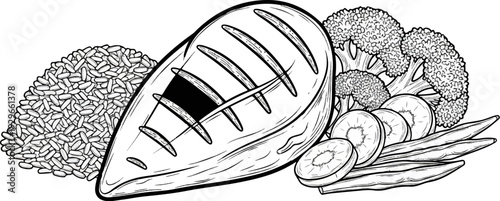 A grilled chicken breast rests beside a mound of rice and fresh vegetables