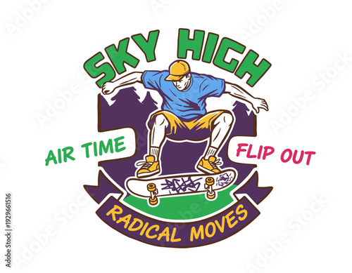 Skateboarding artwork design for t-shirt. Skater performing radical moves. Extreme sport graphic print. Sky high flip out. Urban culture vector illust
