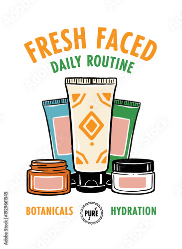 Skincare product set design. Natural beauty routine artwork. Fresh faced daily care. Cosmetic collection graphic print. Hydration and wellness illustr