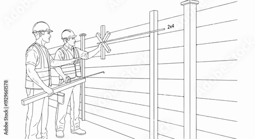 Two men in safety gear work on a wooden fence construction project together