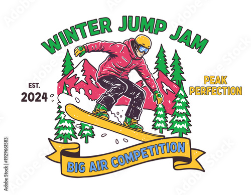 Snowboarding event graphic design. Winter jump jam artwork. Big air competition illustration. Peak perfection winter sports. Snowboarder in action des