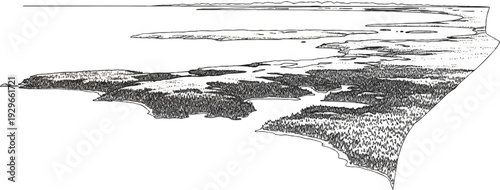 A dramatic aerial perspective shows a vast, densely forested peninsula and islands in a winding waterway