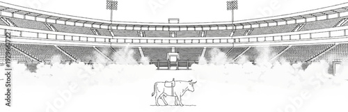 A saddle rests on a lone bull in a smoky rodeo arena beneath stadium lights