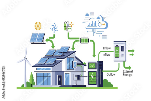 Solar powered residential houses with sun energy panels outline concept. Renewable and sustainable electricity with green ecological source solution vector illustration.