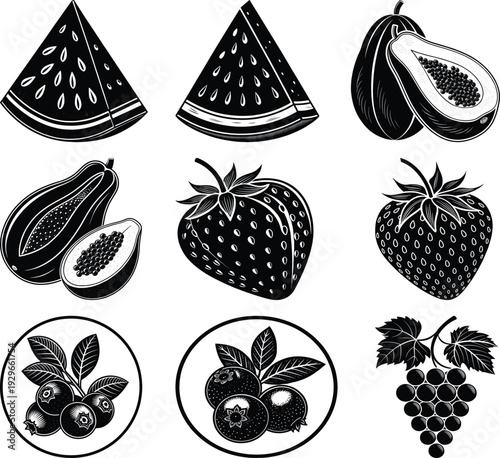 Black and white of assorted fruits including watermelon papaya strawberry blueberries and grapes