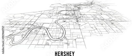 A sketch-like aerial view of a winding river flowing through a grid-like urban and rural landscape